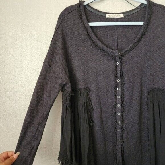 We The Free Oversize Button Down Knit Boho Gray Thermal Top Basics Minimalist S - Picture 4 of 11